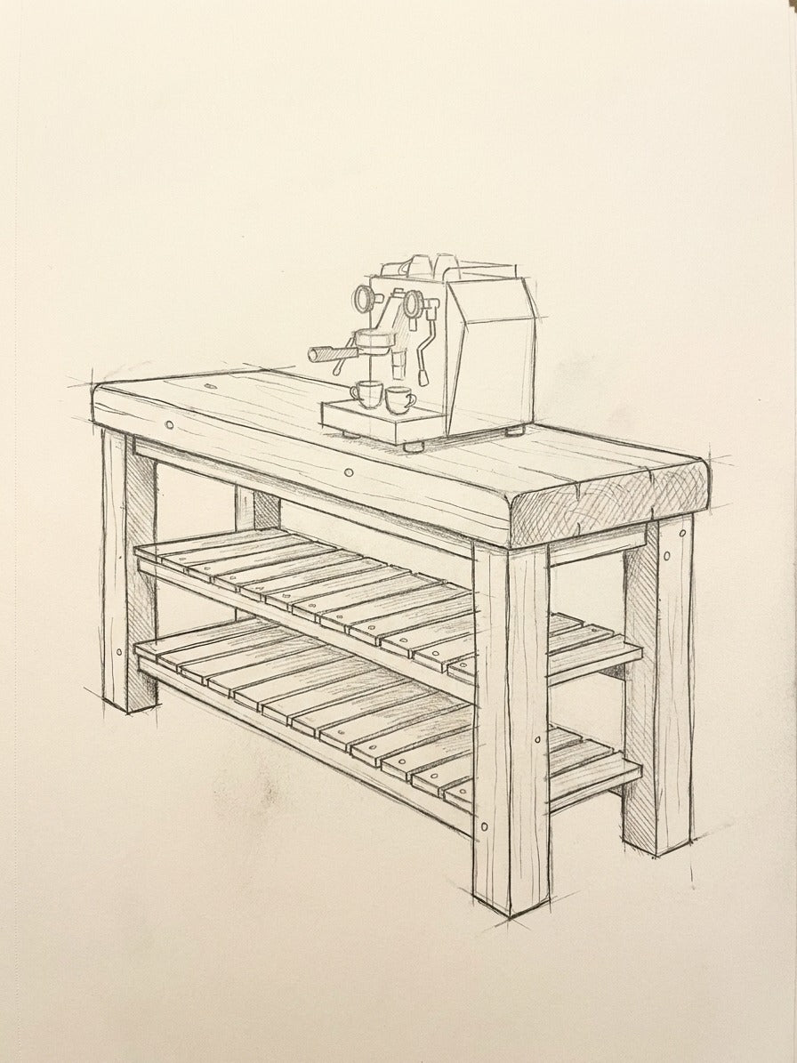 Croquis au crayon du Coin Café ARBOR, dessiné à la main dans le carnet de l'atelier