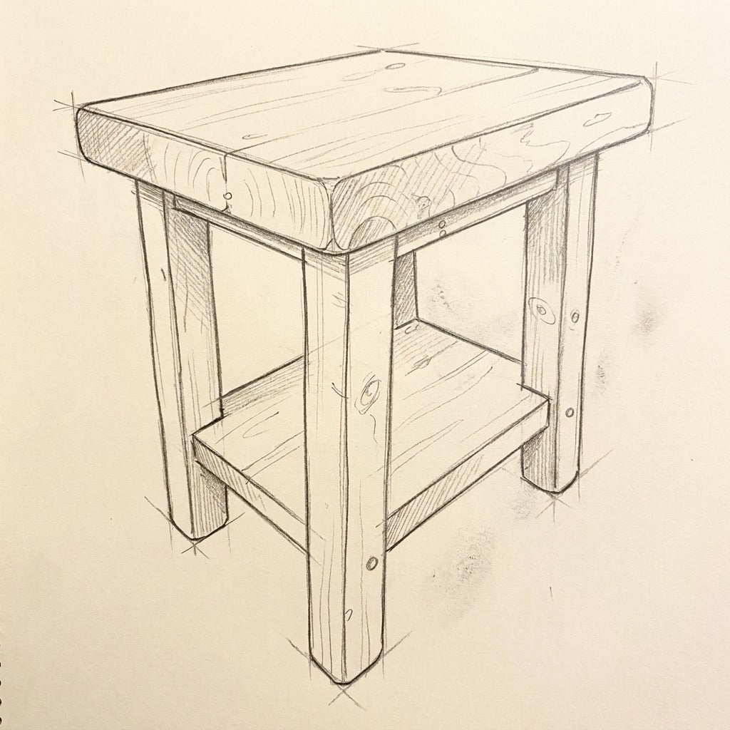 Croquis au crayon de la table d'appoint ARBOR, dessiné à la main dans le carnet de l'atelier
