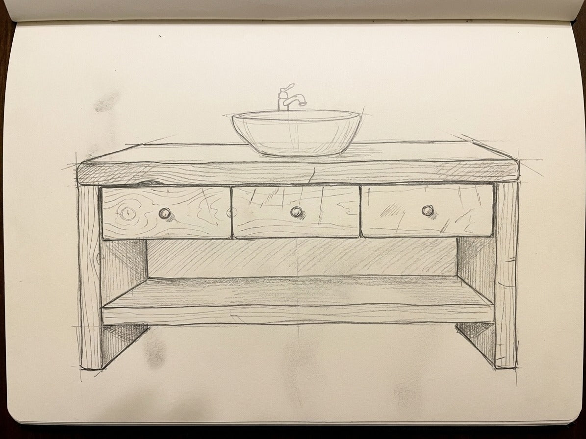 Croquis au crayon de la Vanité ARBOR, dessiné à la main dans le carnet de l'atelier