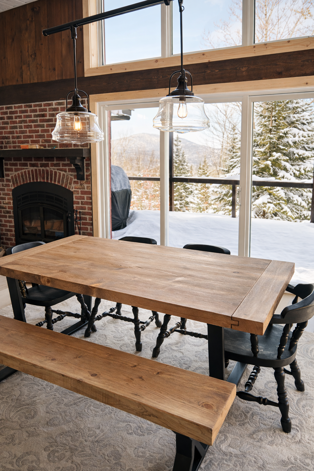 La Farmhouse industrielle | Table en bois massif avec pattes en acier et traverse