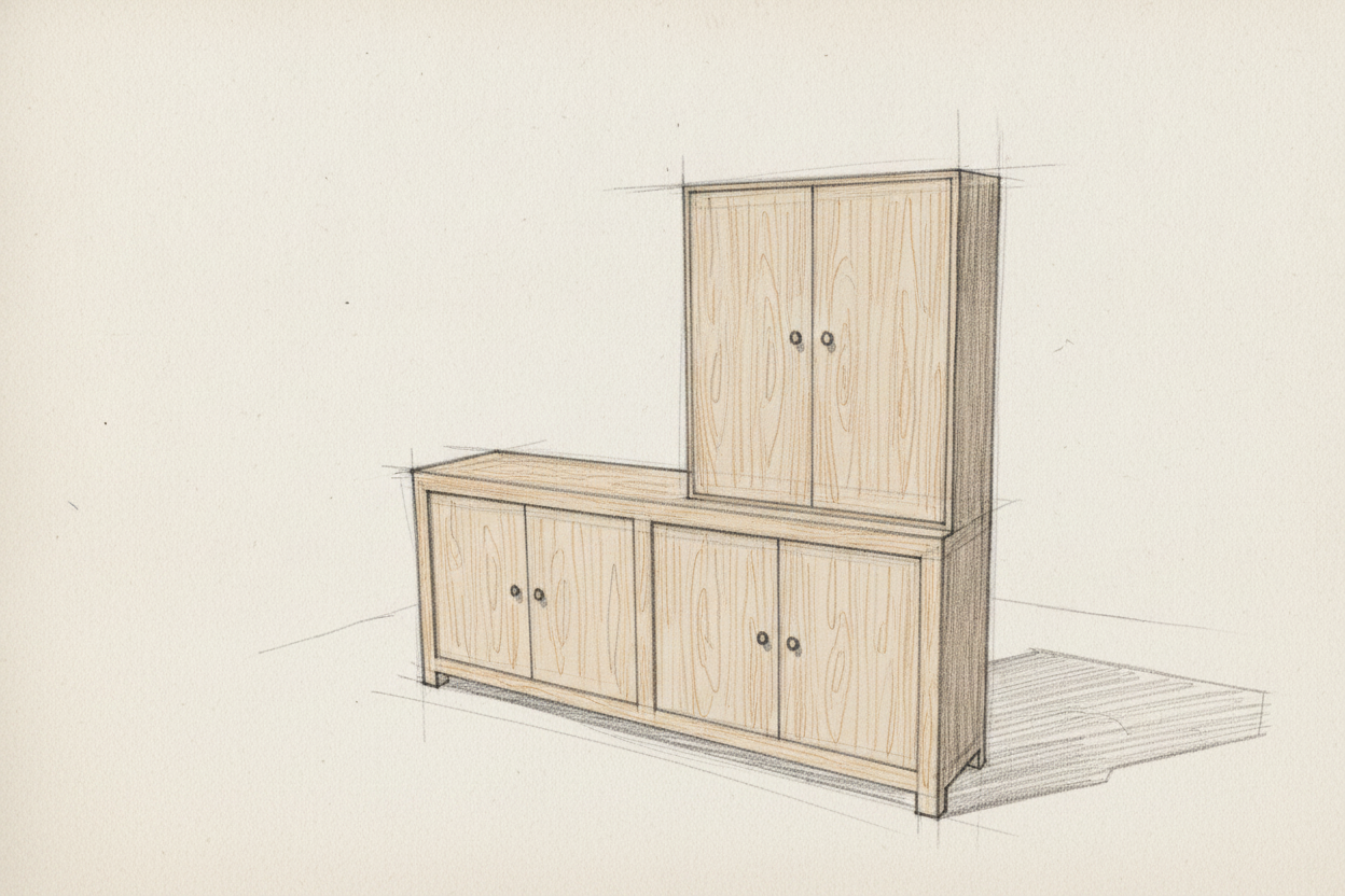 Croquis technique du Buffet ARBOR : dimensions du buffet et du module de rangement