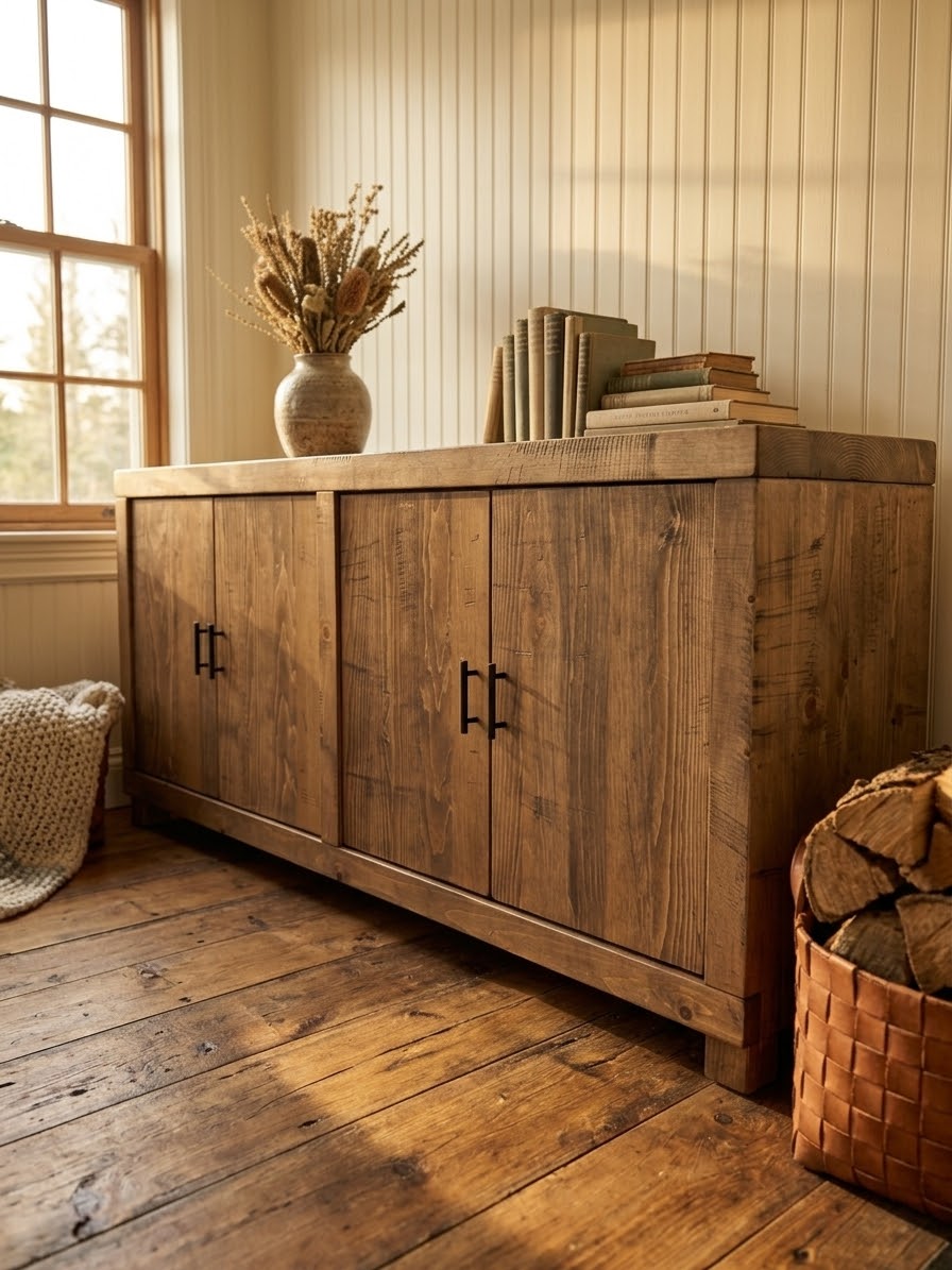 Buffet en pin massif ARBOR vu de trois quarts, plateau épais et poignées noires – Atelier Arbor