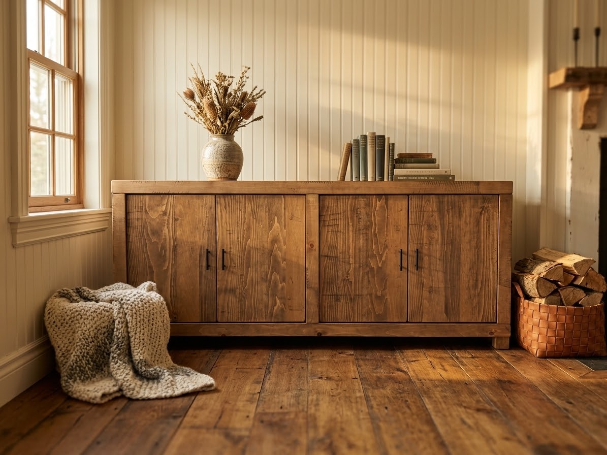 Buffet ARBOR en pin massif à 4 portes, vue de face dans un salon champêtre – Atelier Arbor, Québec