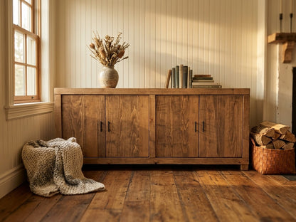 Buffet ARBOR en pin massif à 4 portes, vue de face dans un salon champêtre – Atelier Arbor, Québec