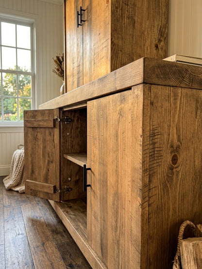 Buffet ARBOR avec module de rangement, porte ouverte montrant la tablette ajustable intérieure