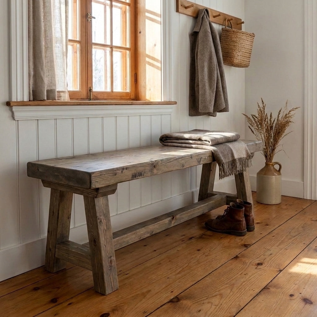 Le Banc ARBOR en pin massif dans l'entrée d'une maison ancestrale québécoise, sous une fenêtre