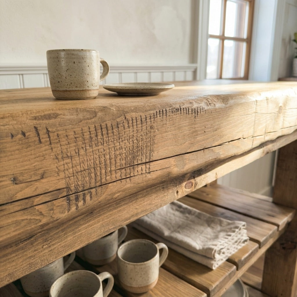 Gros plan du chant du plateau en pin massif du Coin Café ARBOR avec ses traces de scie