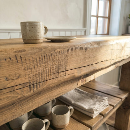 Gros plan du chant du plateau en pin massif du Coin Café ARBOR avec ses traces de scie