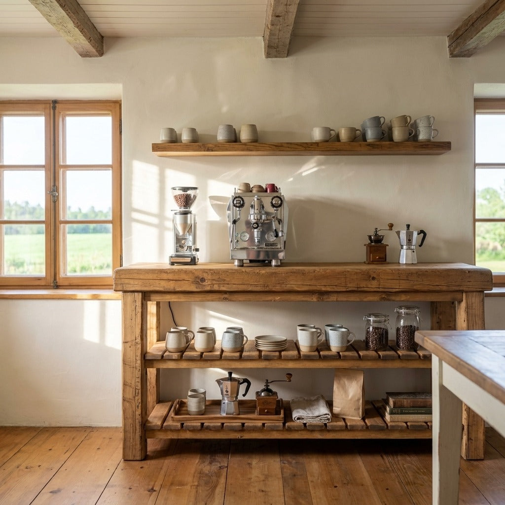 Le Coin Café ARBOR en pin massif dans une cuisine de maison ancestrale, avec machine espresso, mur de tasses et poterie de grès