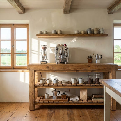 Le Coin Café ARBOR en pin massif dans une cuisine de maison ancestrale, avec machine espresso, mur de tasses et poterie de grès