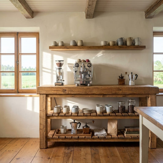 Le Coin Café ARBOR en pin massif dans une cuisine de maison ancestrale, avec machine espresso, mur de tasses et poterie de grès
