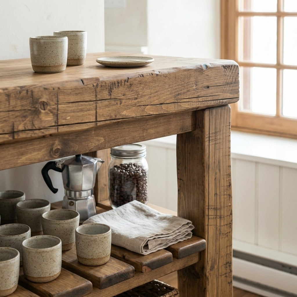 Gros plan du coin du plateau et de la tablette du Coin Café ARBOR avec tasses à espresso en grès