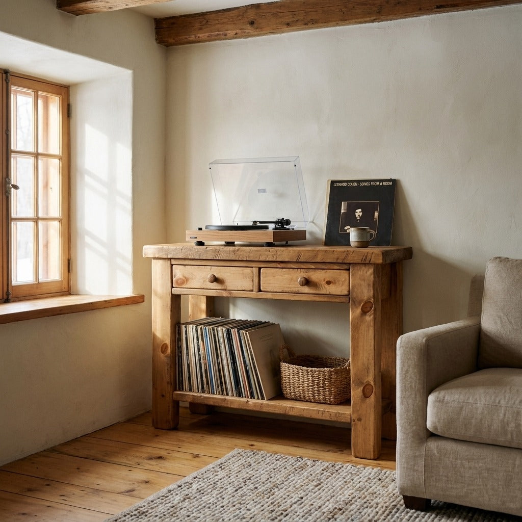 Console ARBOR en coin musique, avec une table tournante et des vinyles sur la tablette du bas
