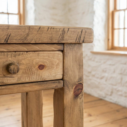 Gros plan d'une cheville de bois et d'un tiroir de la Console ARBOR