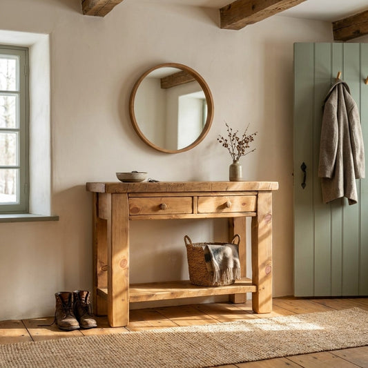 Console ARBOR en pin massif, vue de face, dans une entrée de maison ancestrale avec miroir rond et porte vert sauge