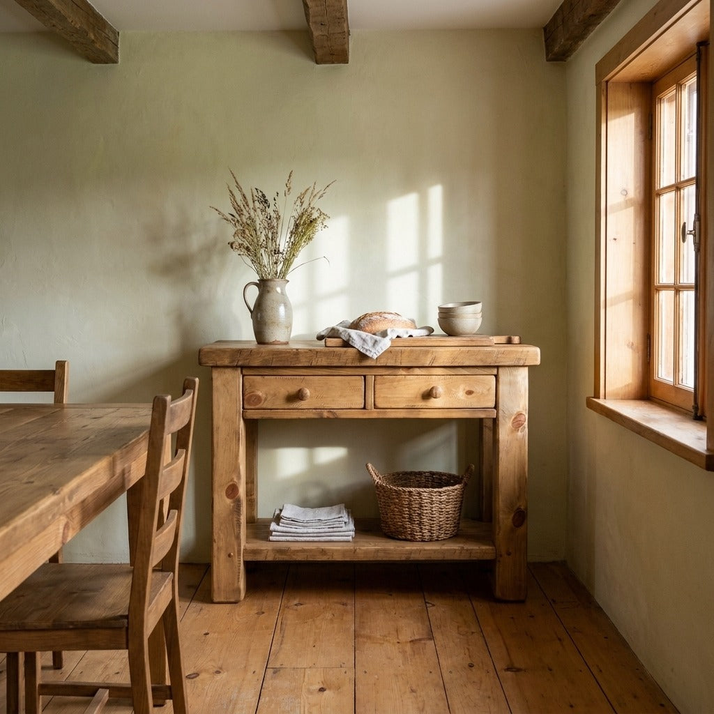 Console ARBOR utilisée comme desserte dans une salle à manger, avec pichet en grès et planche à pain