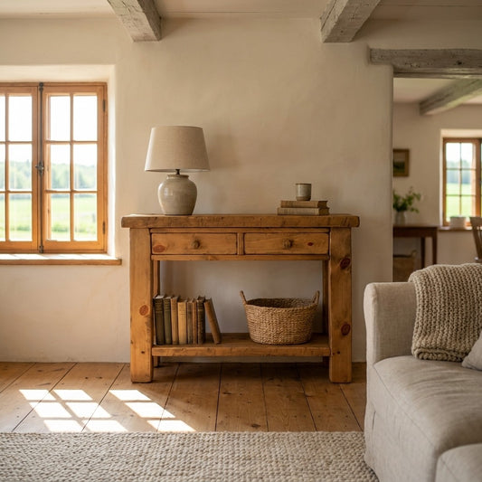 Console ARBOR en pin massif, vue de trois quarts, contre le mur d'un salon près d'un divan en lin