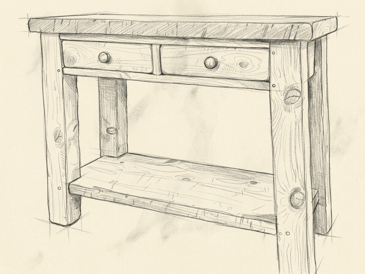 Croquis au crayon de la Console ARBOR, dessiné à la main dans le carnet de l'atelier