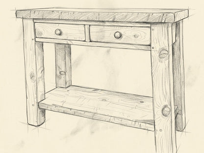 Croquis au crayon de la Console ARBOR, dessiné à la main dans le carnet de l'atelier