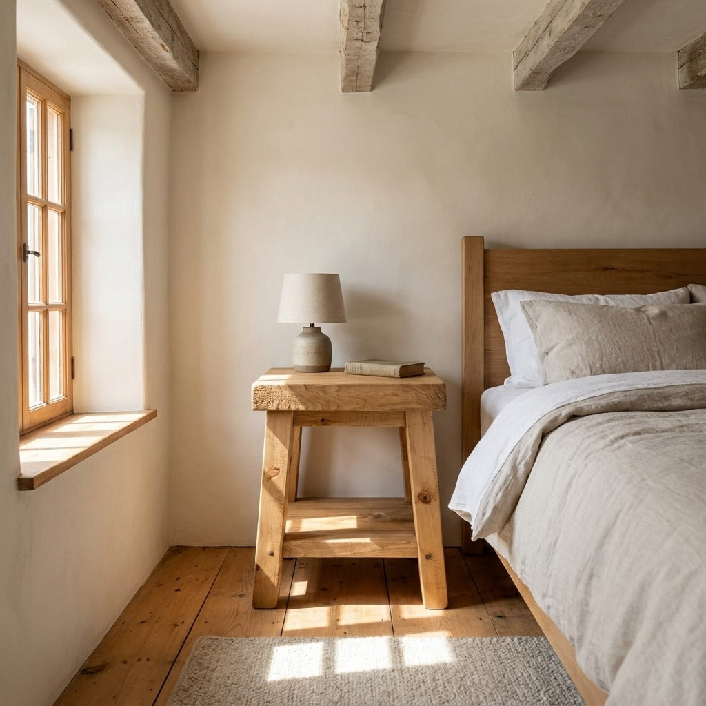Table d'appoint ARBOR utilisée comme table de chevet, avec une lampe en grès, dans une chambre aux draps de lin