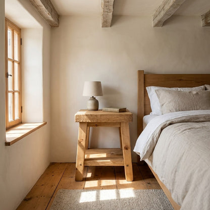 Table d'appoint ARBOR utilisée comme table de chevet, avec une lampe en grès, dans une chambre aux draps de lin