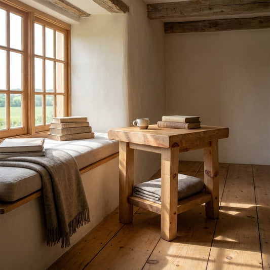 Table d'appoint ARBOR en pin massif, vue de trois quarts, dans un coin lecture près d'une banquette de fenêtre