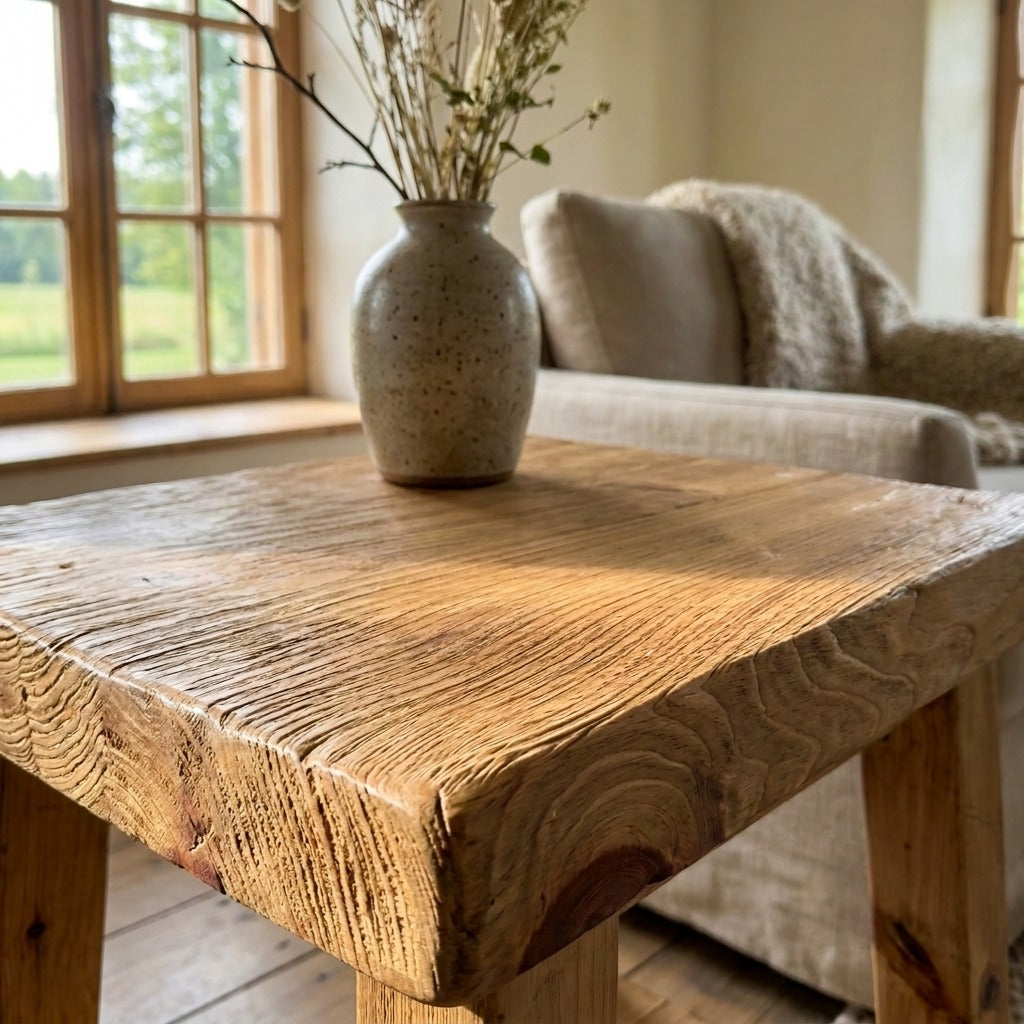 Gros plan de la texture du plateau en pin massif de la table d'appoint ARBOR