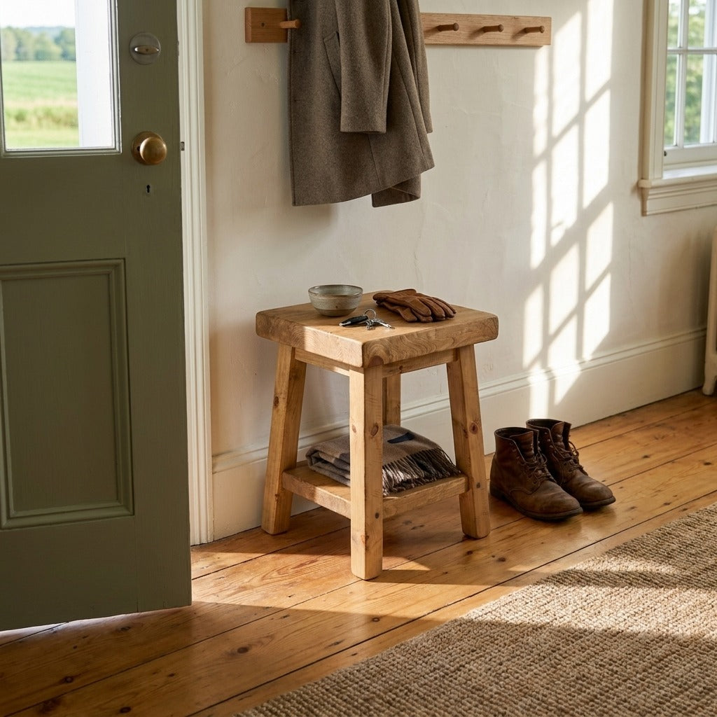 Table d'appoint ARBOR en pin massif, vue plongeante, dans une entrée avec bottes et manteau
