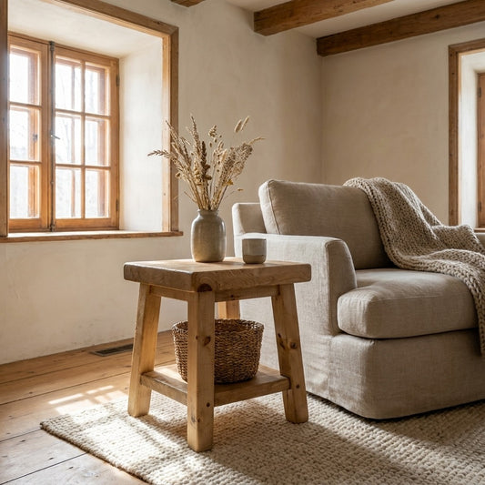 Table d'appoint ARBOR en pin massif, vue de face, à côté d'un fauteuil dans un salon de maison ancestrale