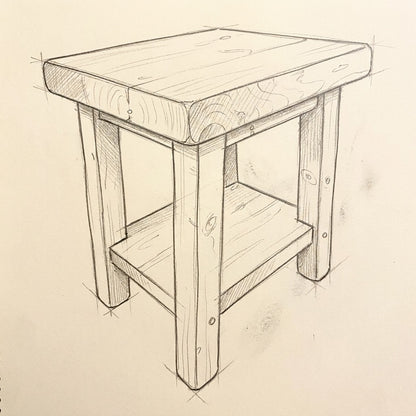 Croquis au crayon de la table d'appoint ARBOR, dessiné à la main dans le carnet de l'atelier