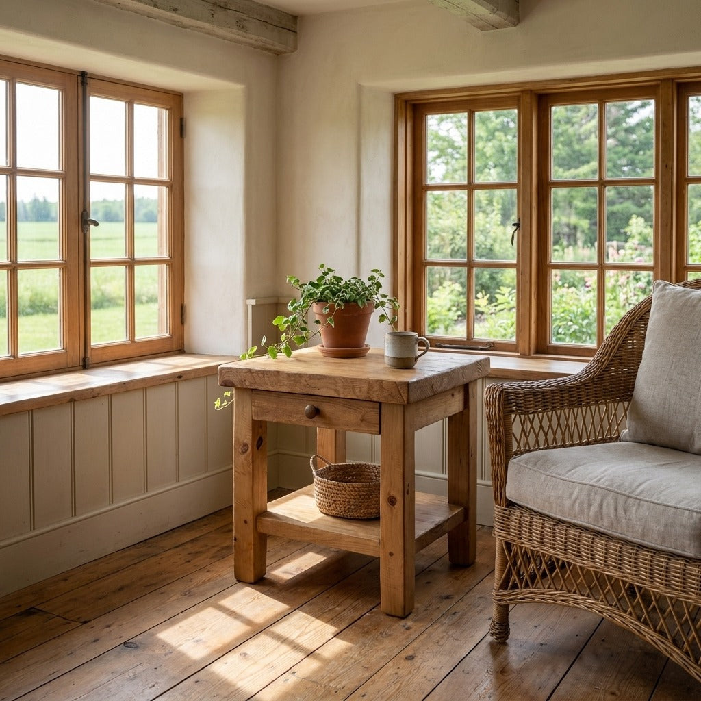 Table d'appoint ARBOR avec tiroir, à côté d'un fauteuil en osier dans une véranda ensoleillée