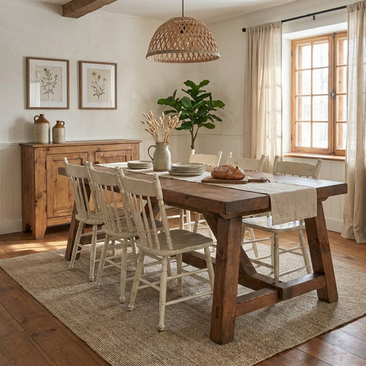 La Table ARBOR en pin massif, teinte brun clair, dans une salle à manger de maison ancestrale québécoise avec chaises Windsor blanches