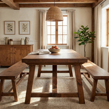 La Table ARBOR vue de bout, pattes en A et traverse basse avec tenons apparents