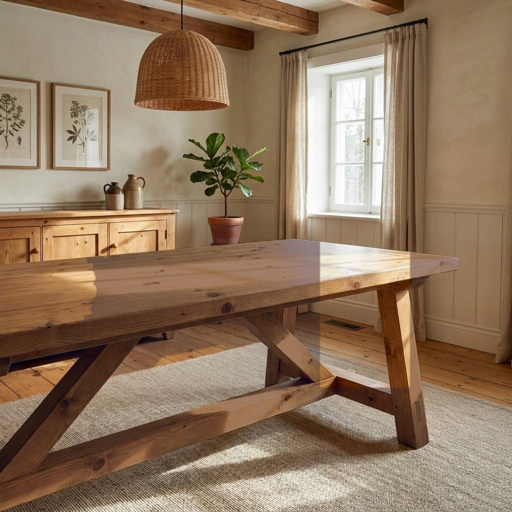 La Table ARBOR, détail de l'assemblage des traverses et du plateau épais en pin