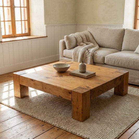 La Table Basse ARBOR en pin massif, vue de trois quarts, devant un divan de lin dans un salon de maison ancestrale