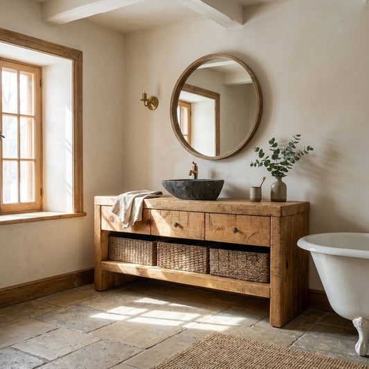 Vanité ARBOR en pin massif avec lavabo de pierre, vue de face, dans une salle de bain de maison ancestrale avec baignoire sur pattes