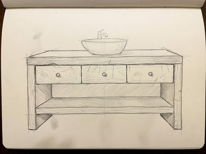 Croquis au crayon de la Vanité ARBOR, dessiné à la main dans le carnet de l'atelier