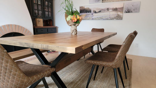 The Industrial Farmhouse - Solid wood table with steel legs and crosspiece